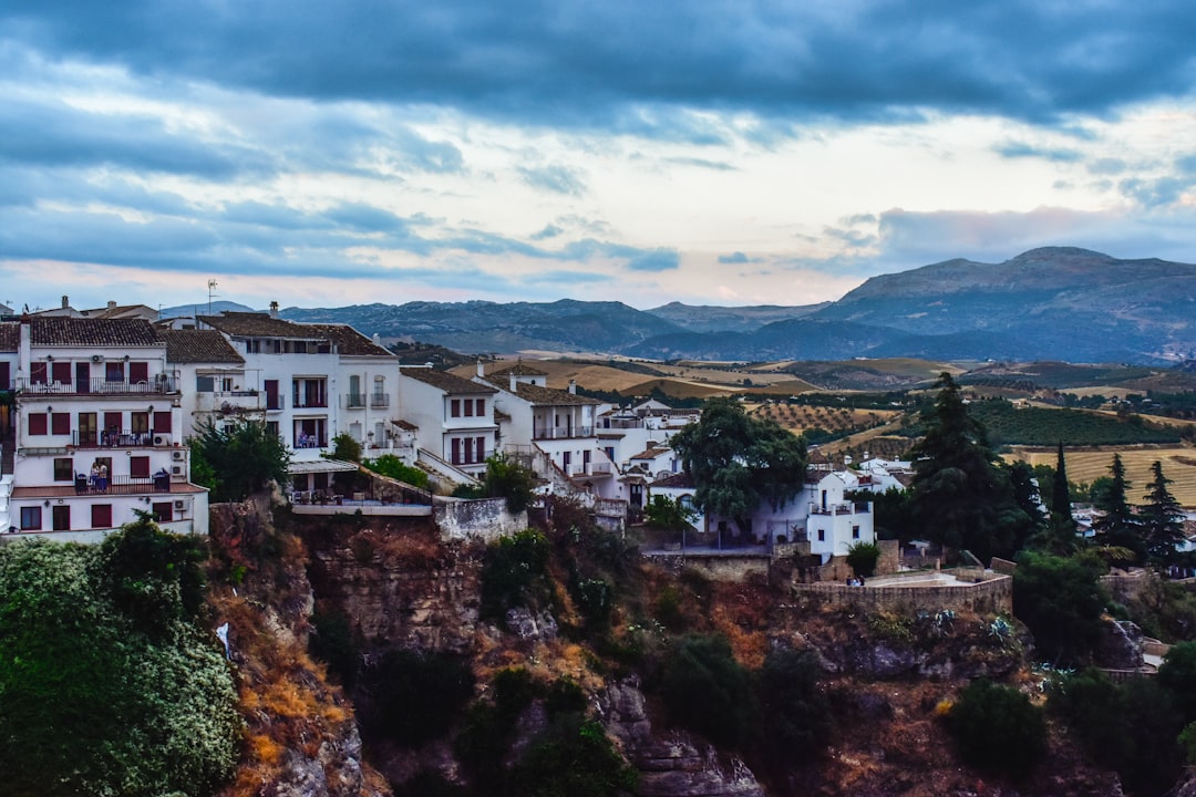A view of a town with mountains in the background